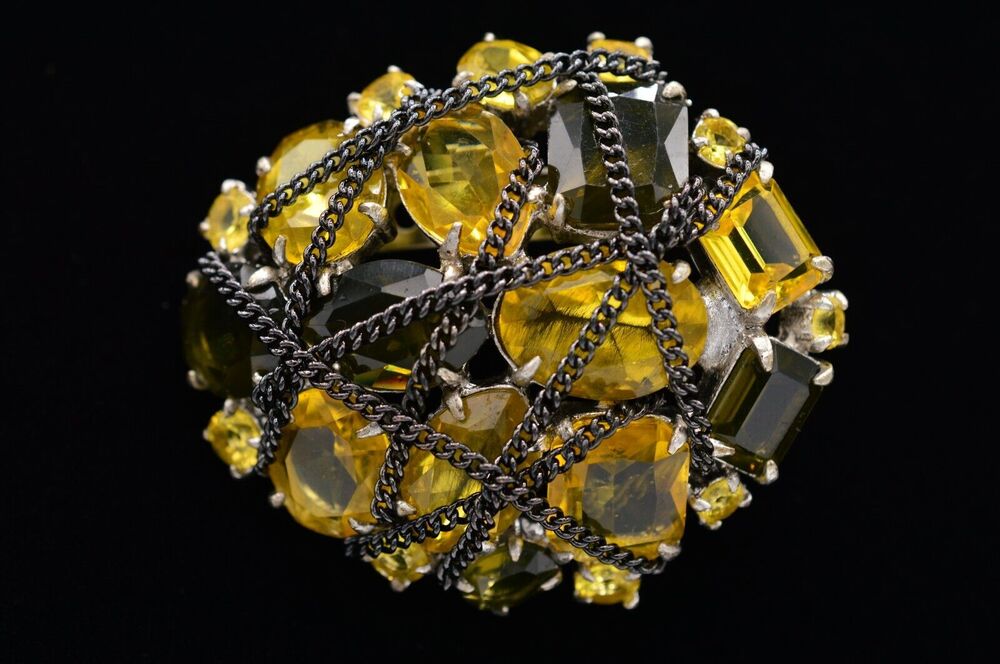 Stella & Dot Crystal Brooch Pin Open Bezel Orange Gunmetal Chain Sparkling BinAC